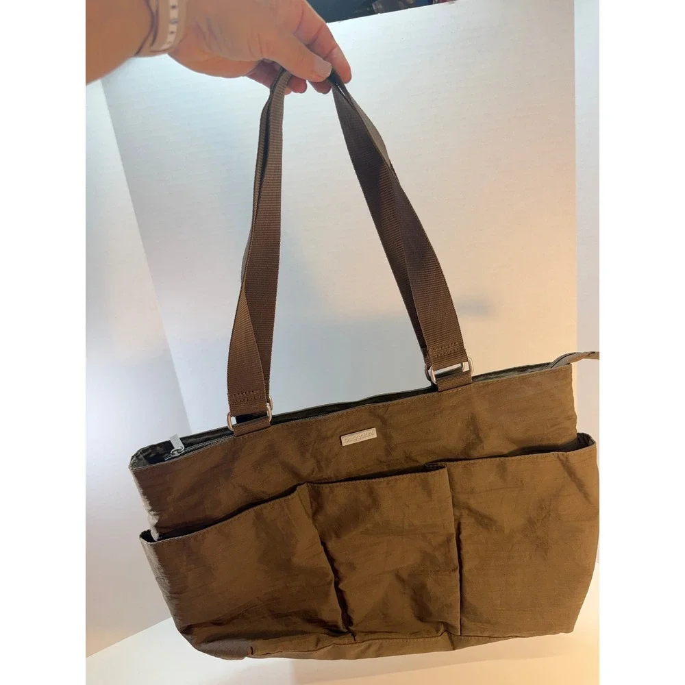 Baggallini Tote Brown Nylon Multi Pocket Everyday Shoulder Bag Purse Travel